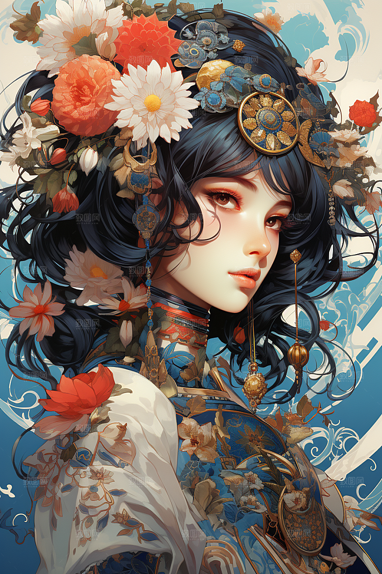 京剧女孩扮相戏剧插画