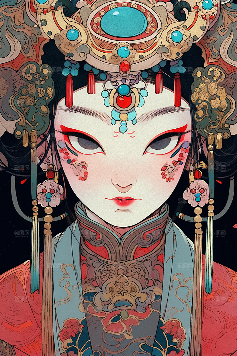 京剧女孩手绘中式插画