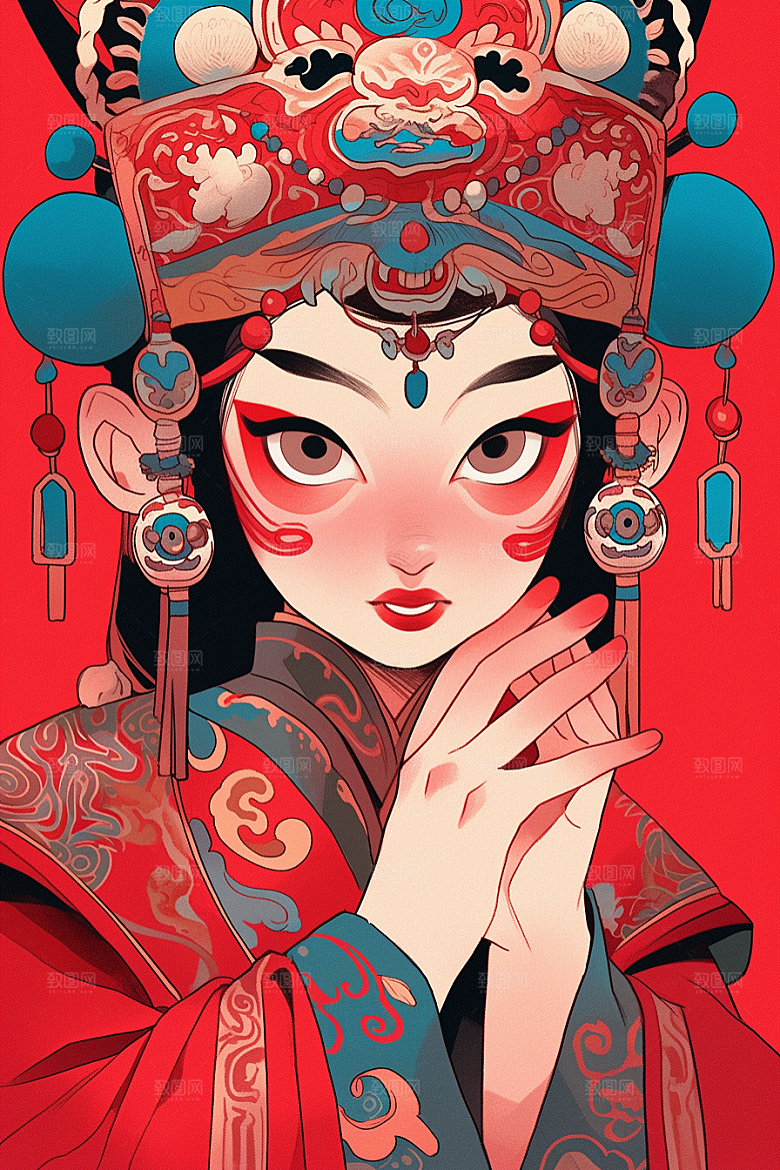 京剧女孩中式中国风插画