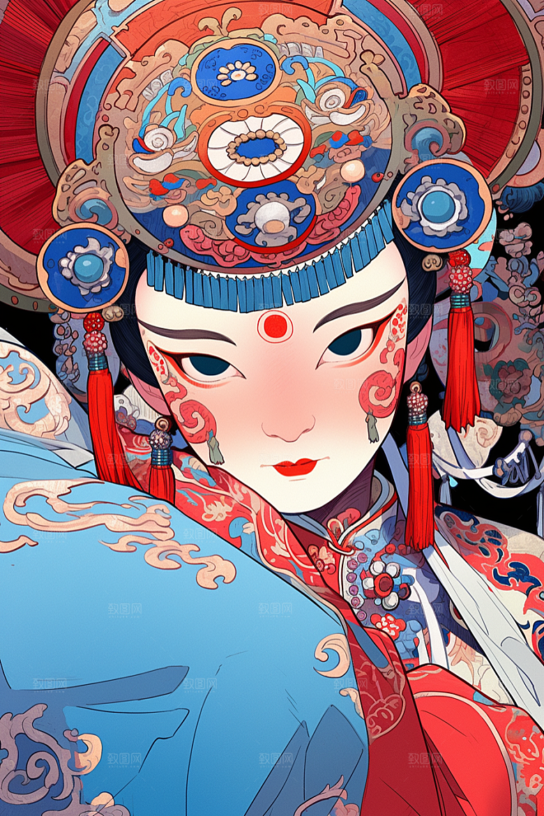 京剧女孩中式手绘插画