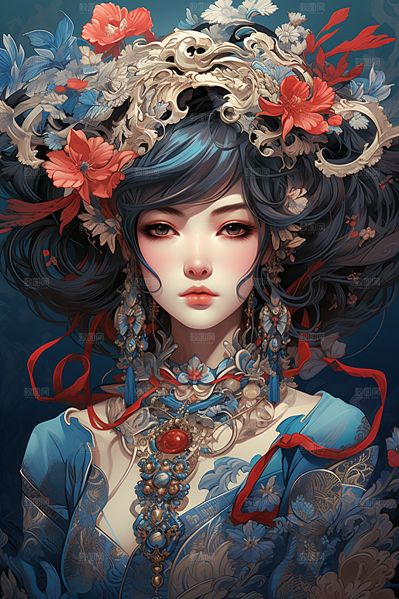 京剧女孩扮相中国风插画