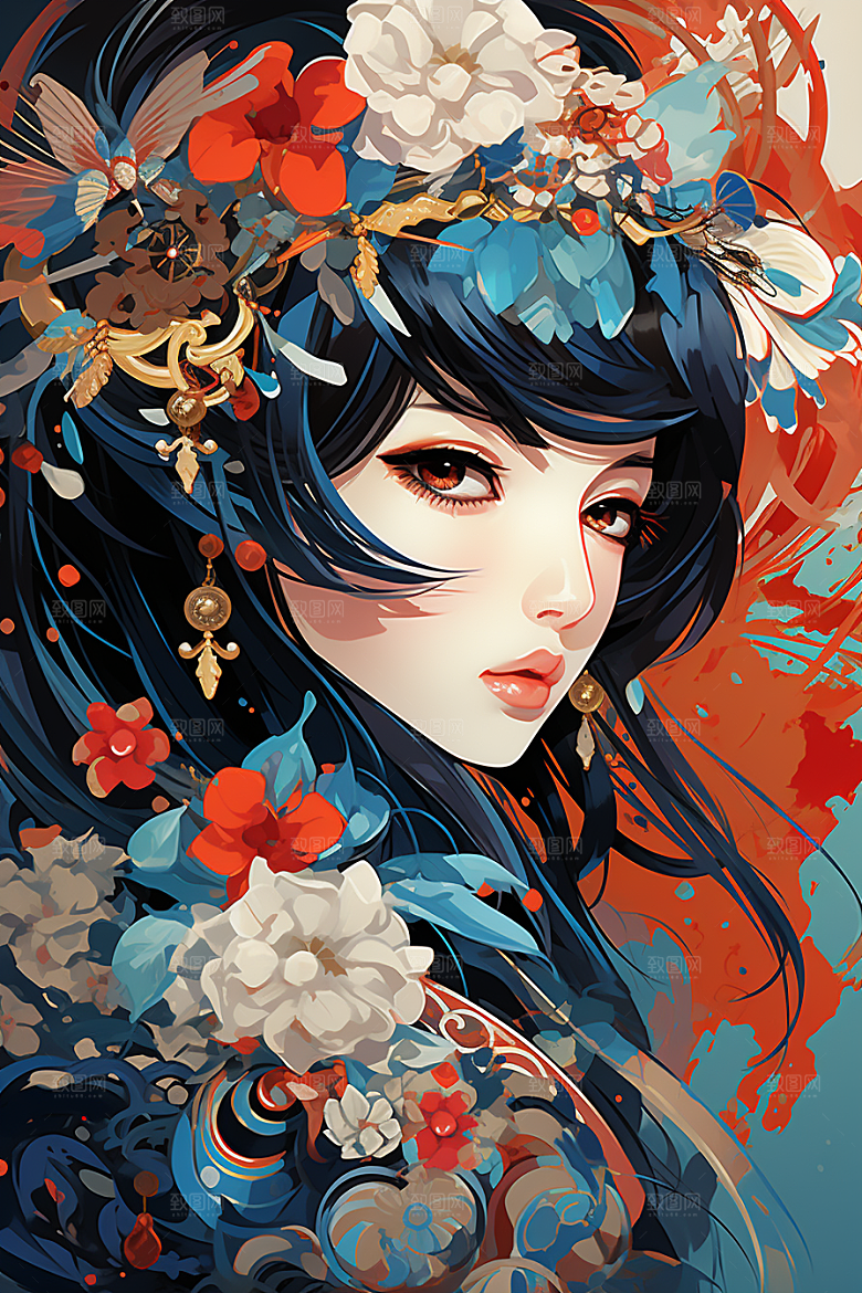 京剧女孩扮相国潮插画