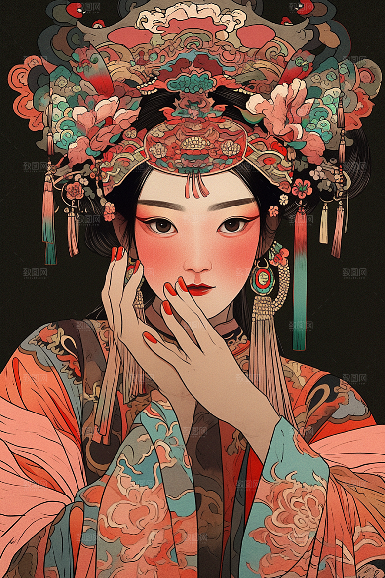京剧女孩传统风格中式插画