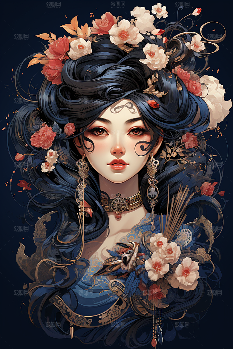 京剧女孩扮相中式插画