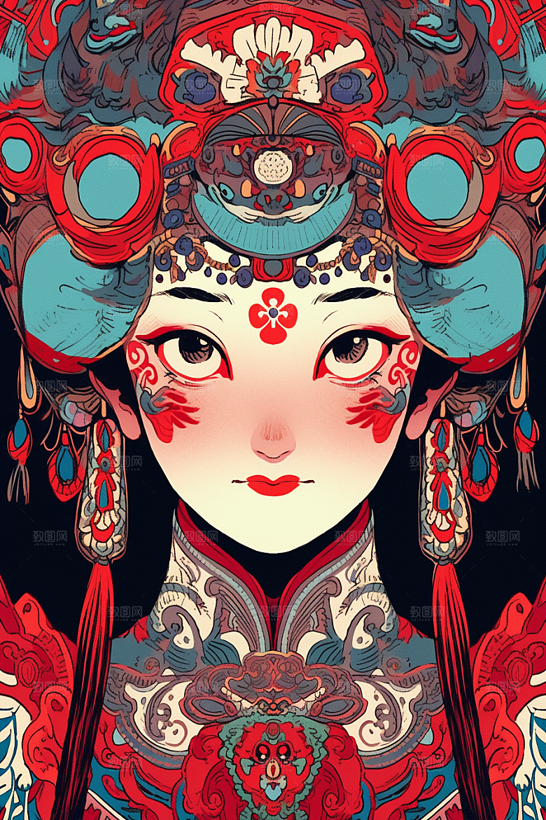京剧女孩中式手绘插画
