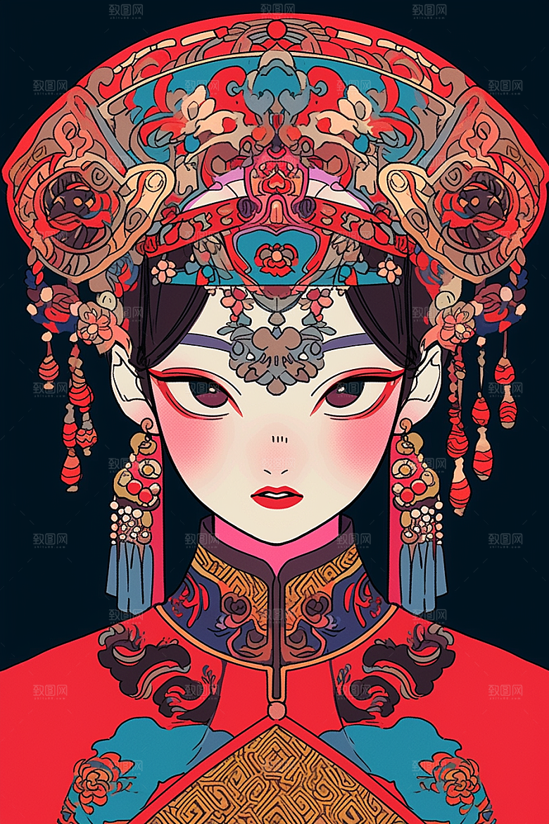 京剧女孩扮相戏曲插画