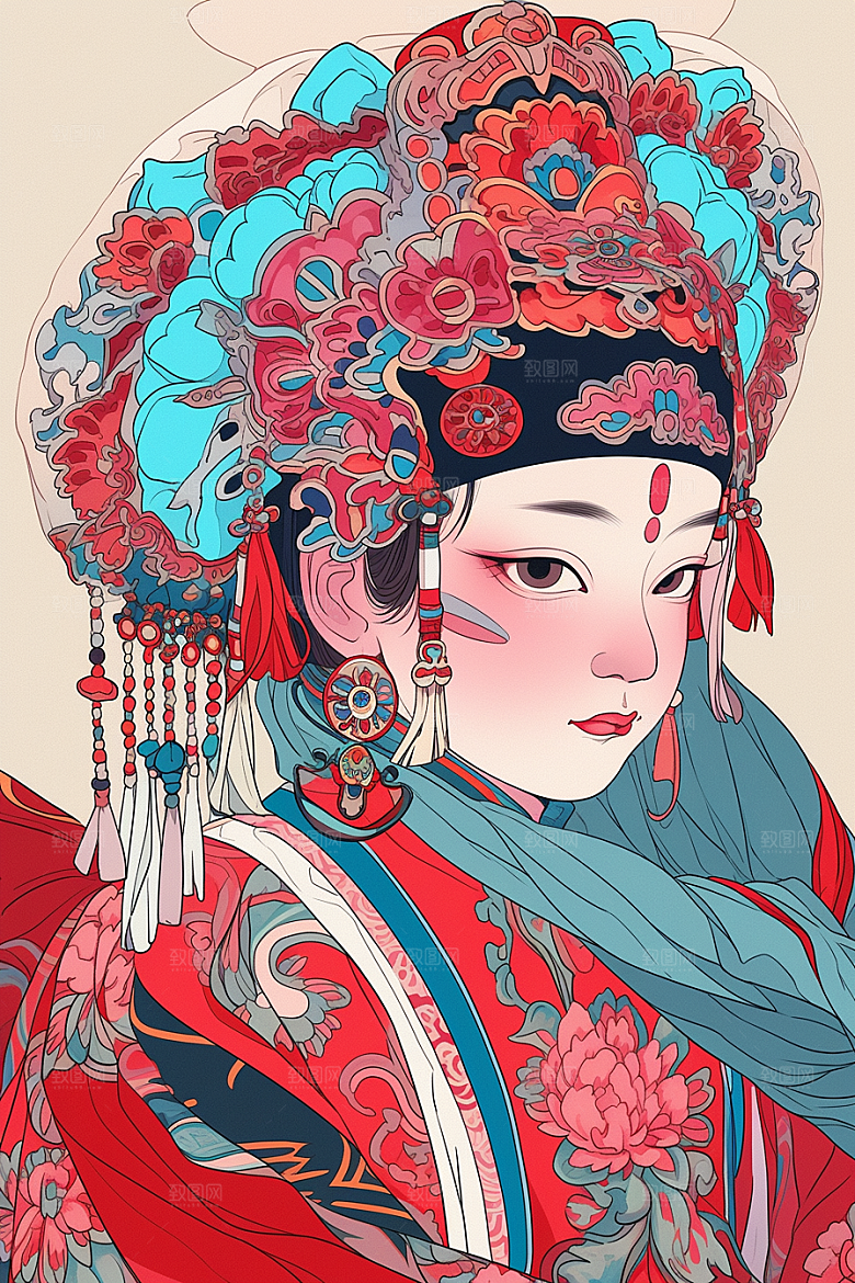 京剧女孩戏剧中国风插画