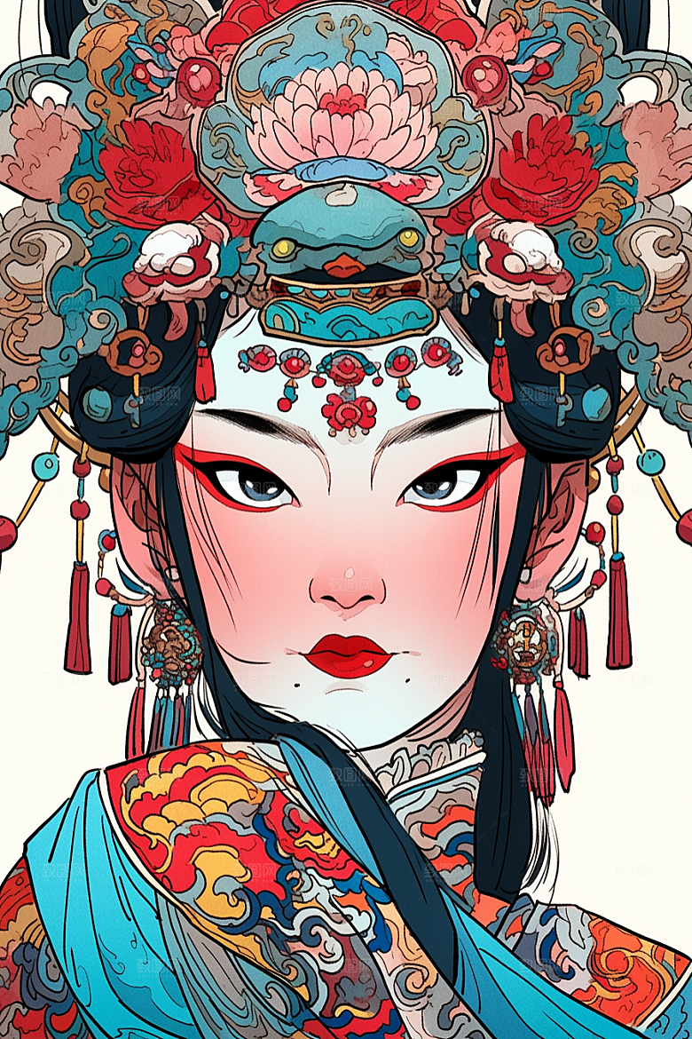 京剧女孩手绘传统风格插画