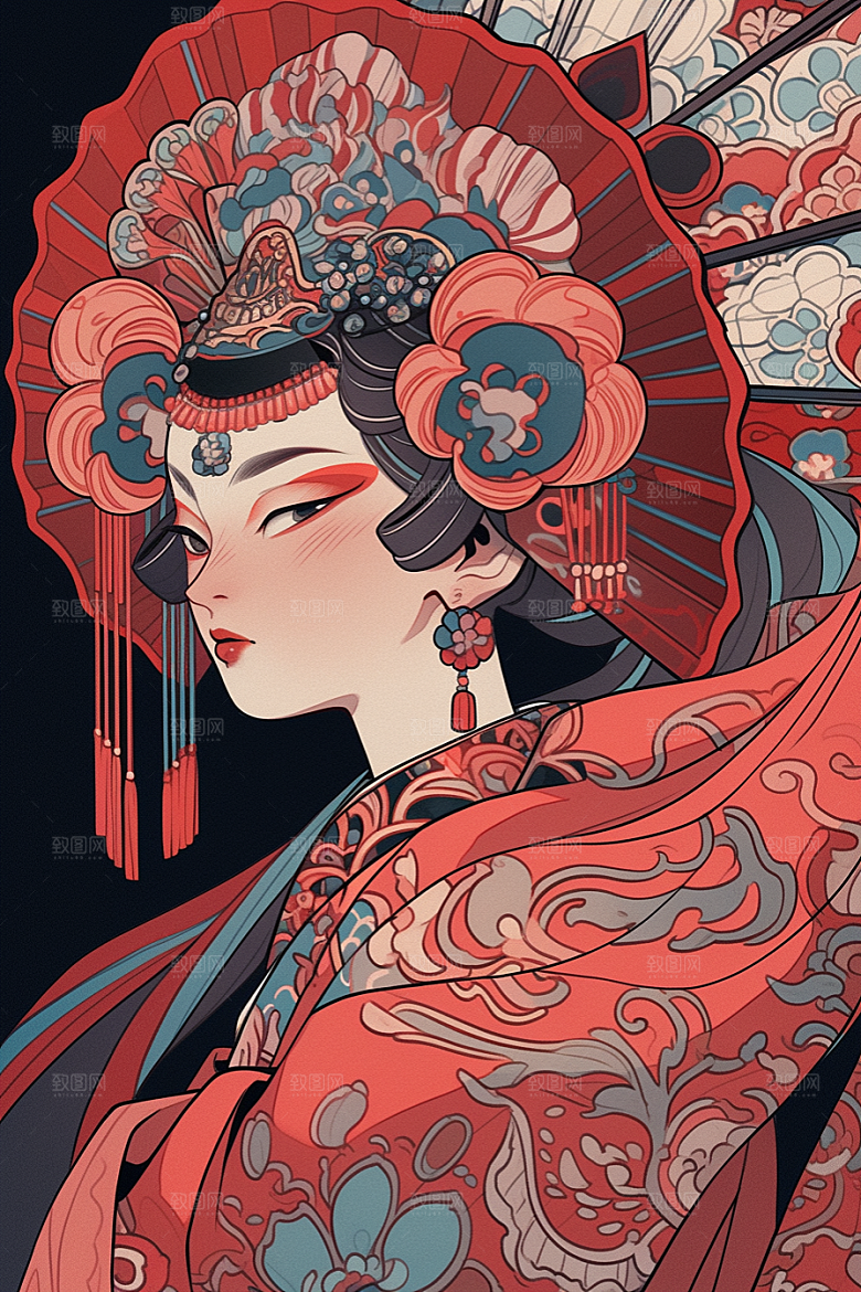 京剧女孩国潮传统风格插画