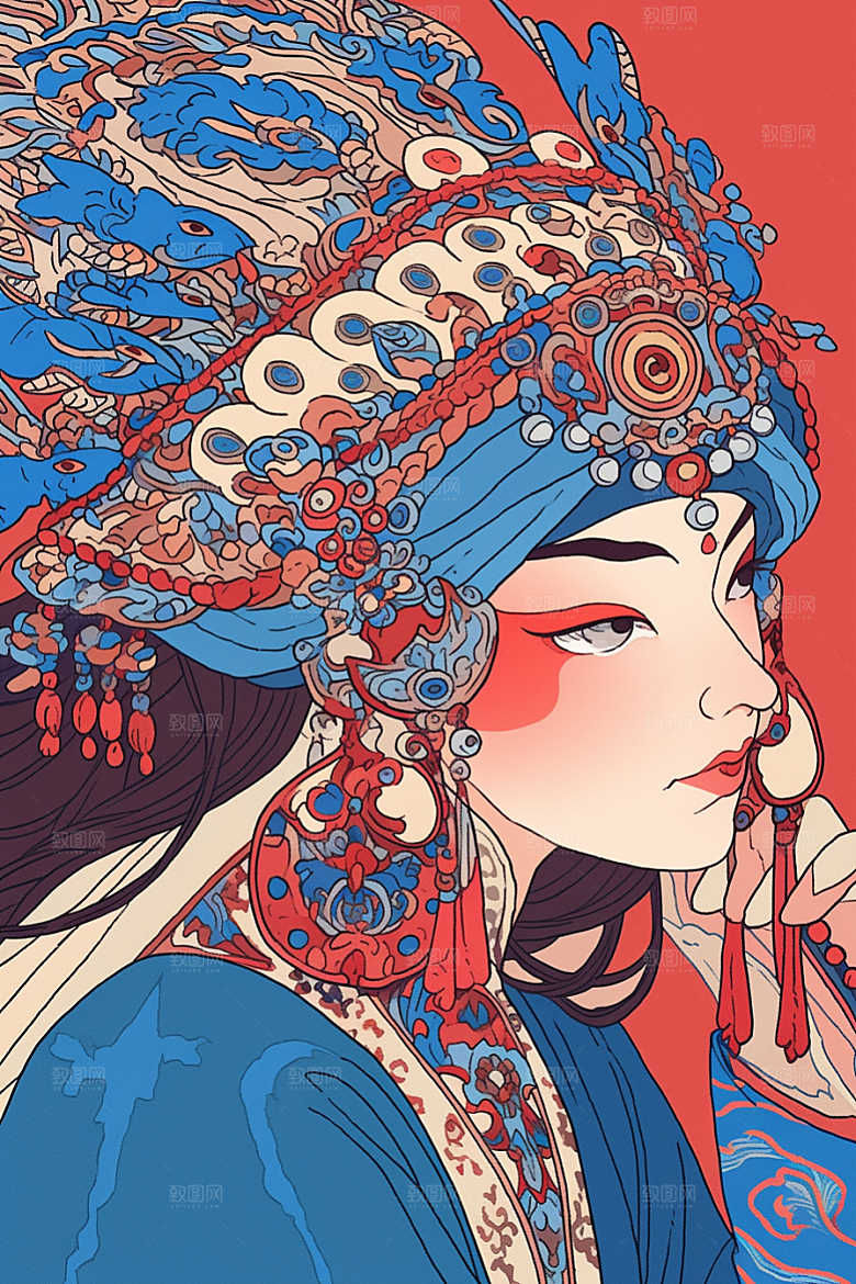 京剧女孩中式传统风格插画
