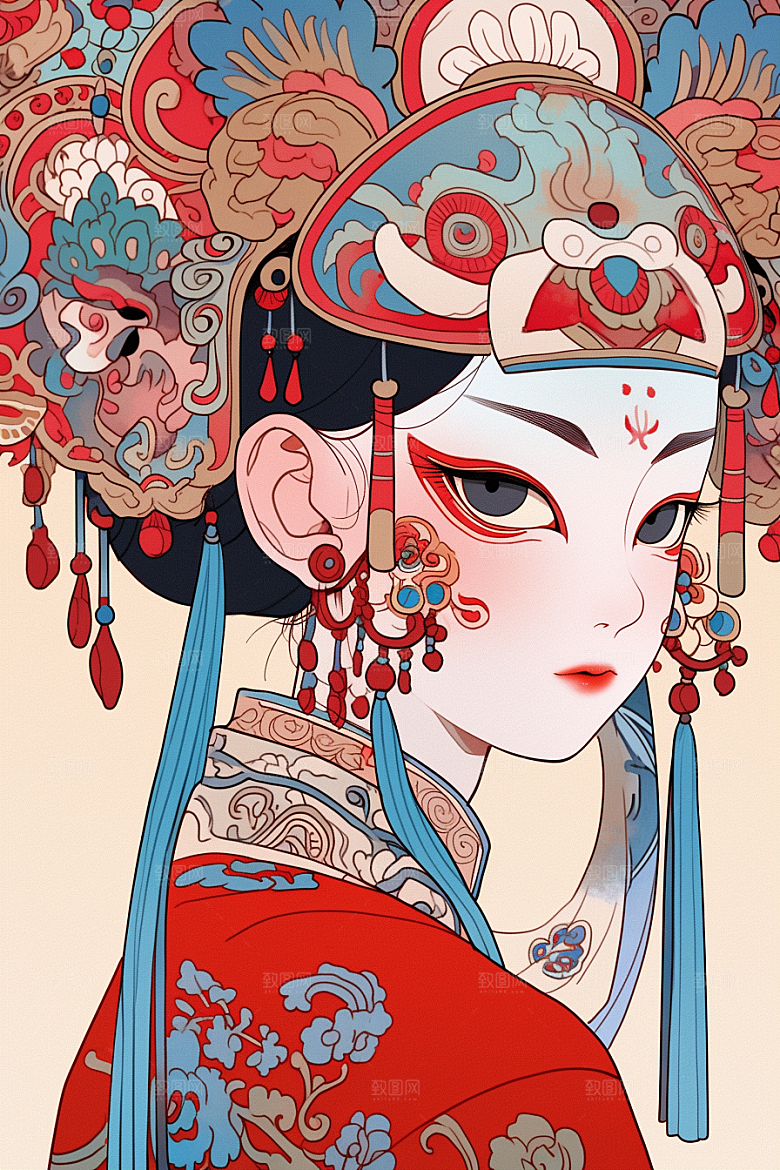 京剧女孩手绘中式插画