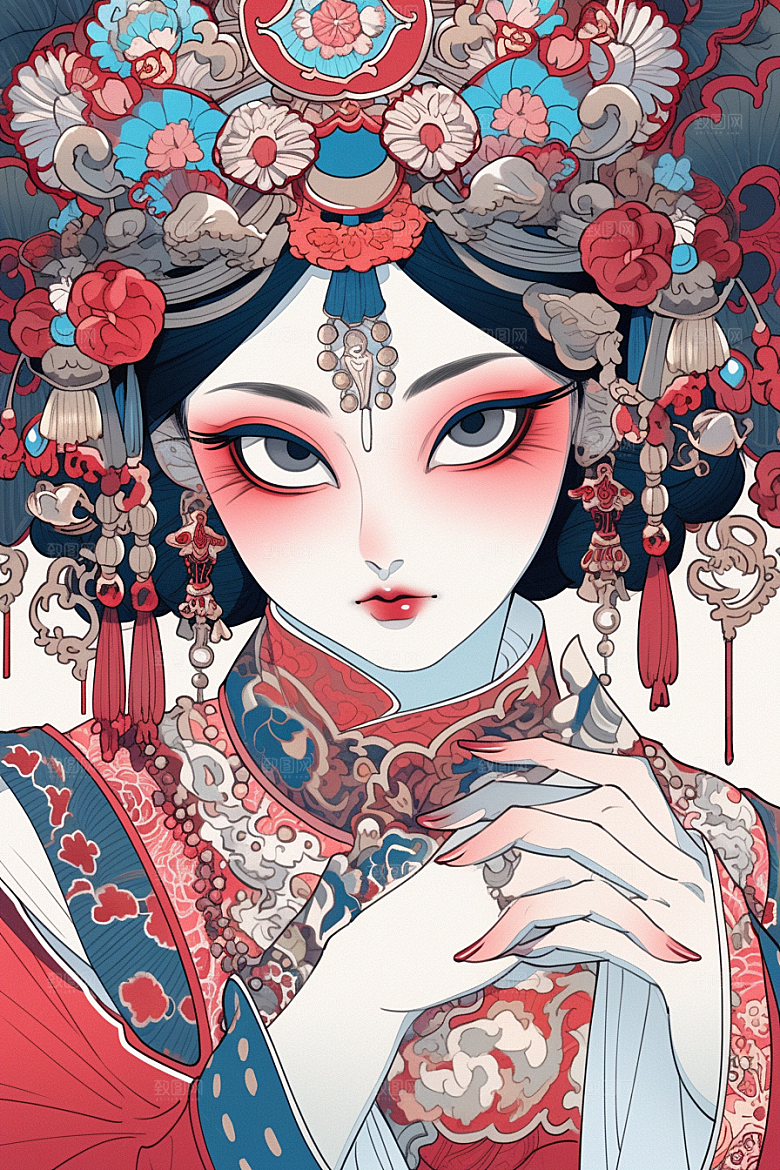 京剧女孩扮相中国风插画