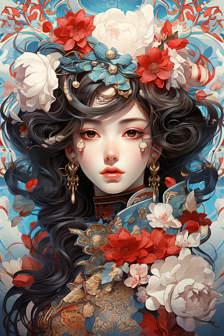 京剧女孩手绘传统风格插画