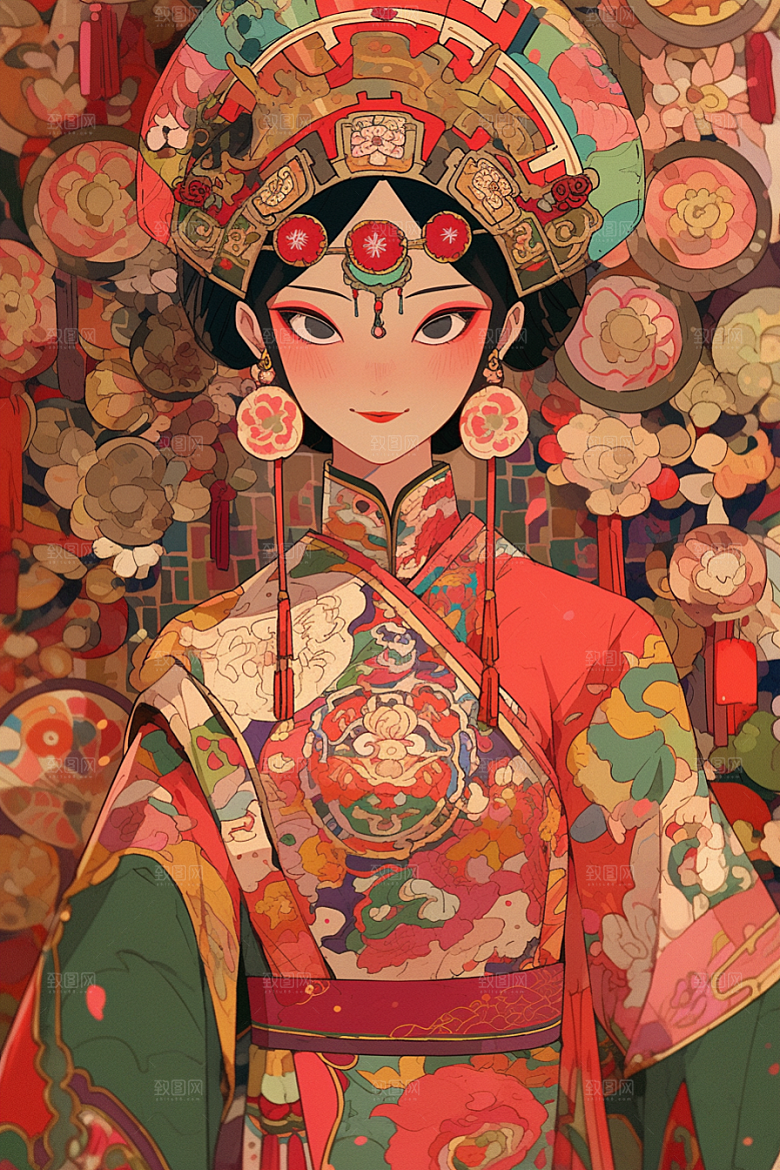 京剧女孩手绘中式插画