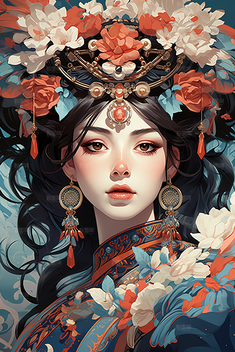 京剧女孩扮相中国风插画