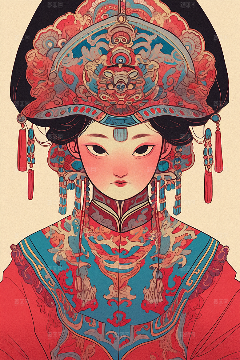 京剧女孩扮相传统风格插画