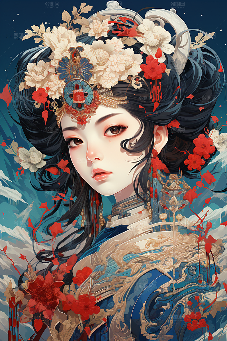 京剧女孩手绘扮相插画