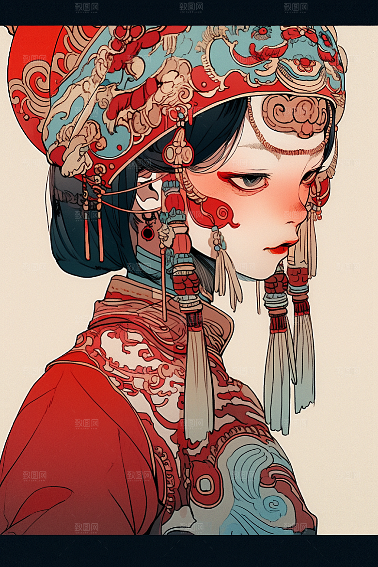 京剧女孩扮相中式插画