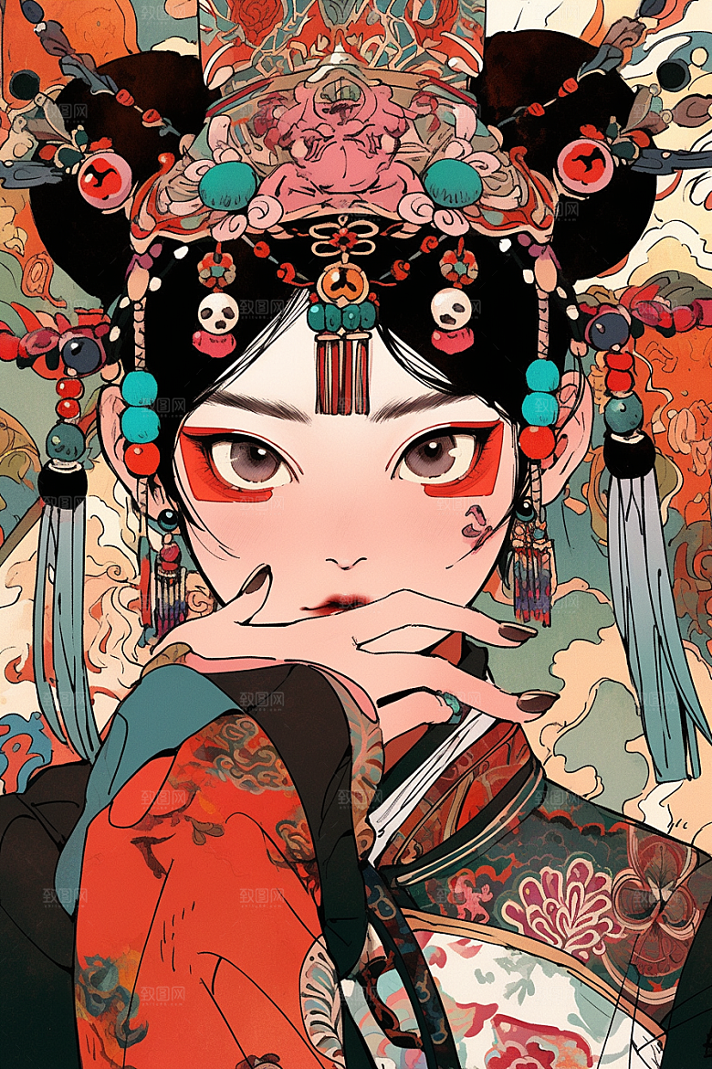 京剧女孩传统风格扮相插画