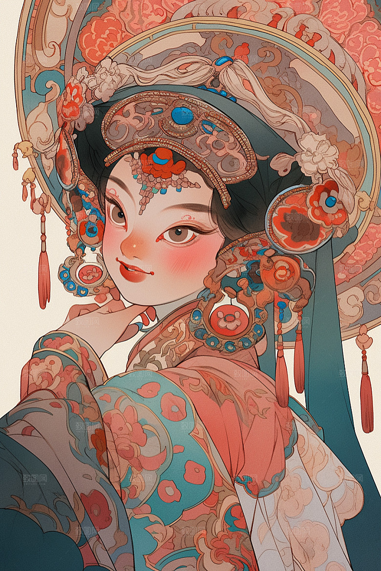 京剧女孩扮相戏剧插画