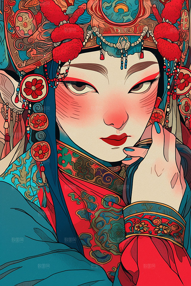 京剧女孩扮相国粹插画