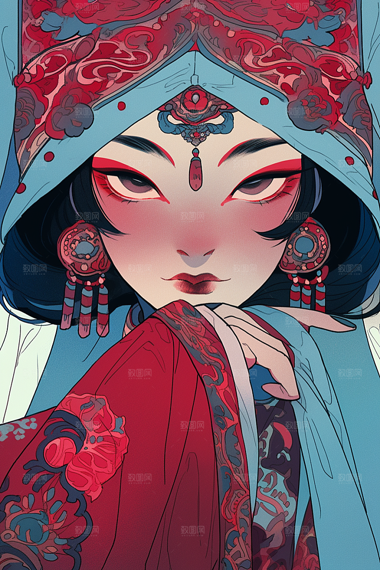 京剧女孩手绘中国风插画