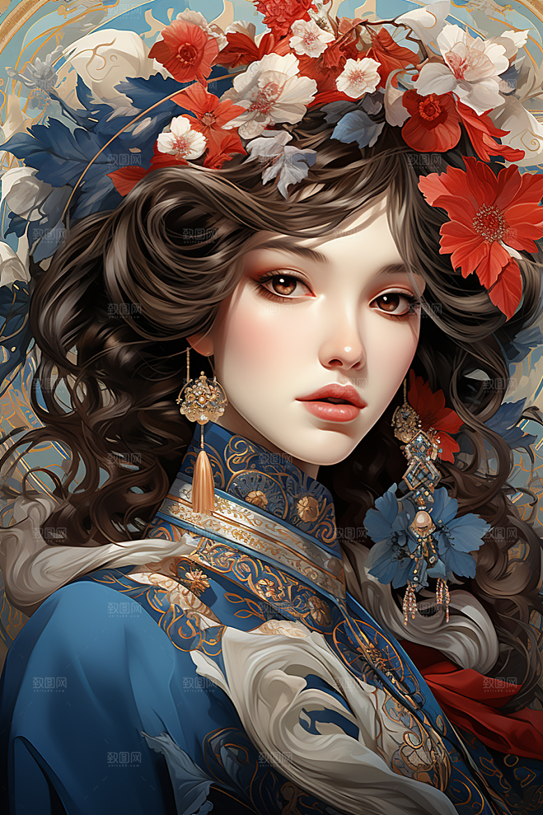 京剧女孩扮相手绘插画