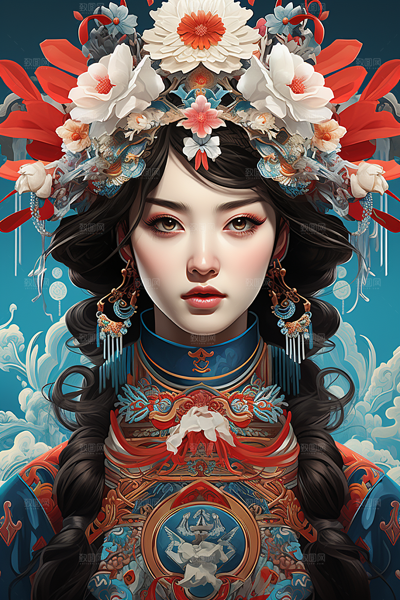 京剧女孩中国风传统风格插画