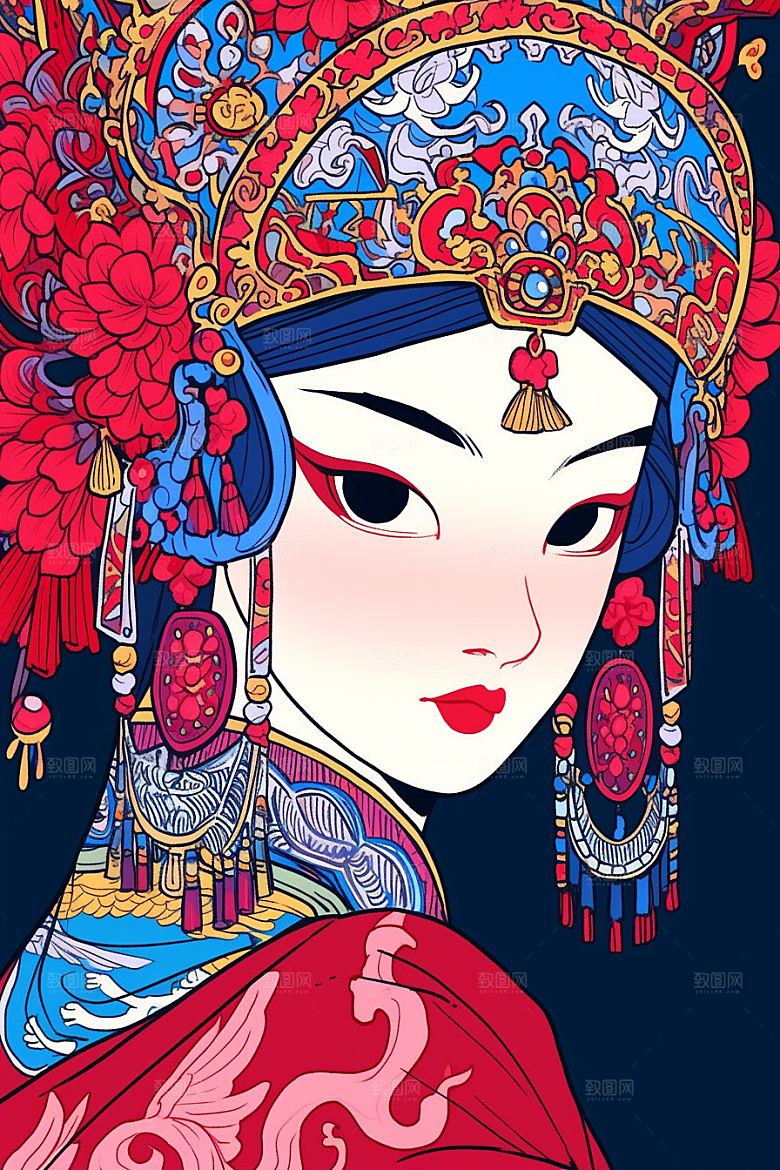 京剧女孩手绘传统风格插画