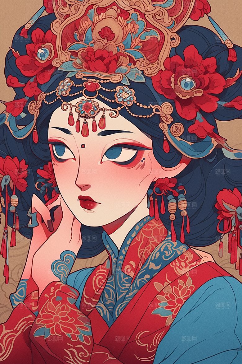 京剧女孩中式传统风格插画