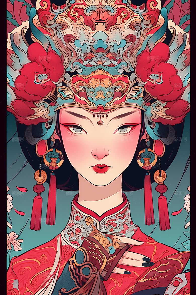 京剧女孩扮相中式插画