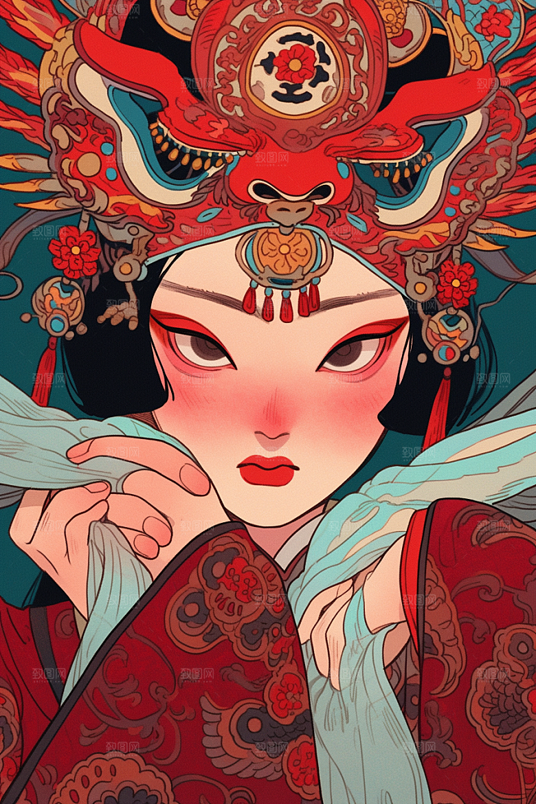京剧女孩中式中国风插画