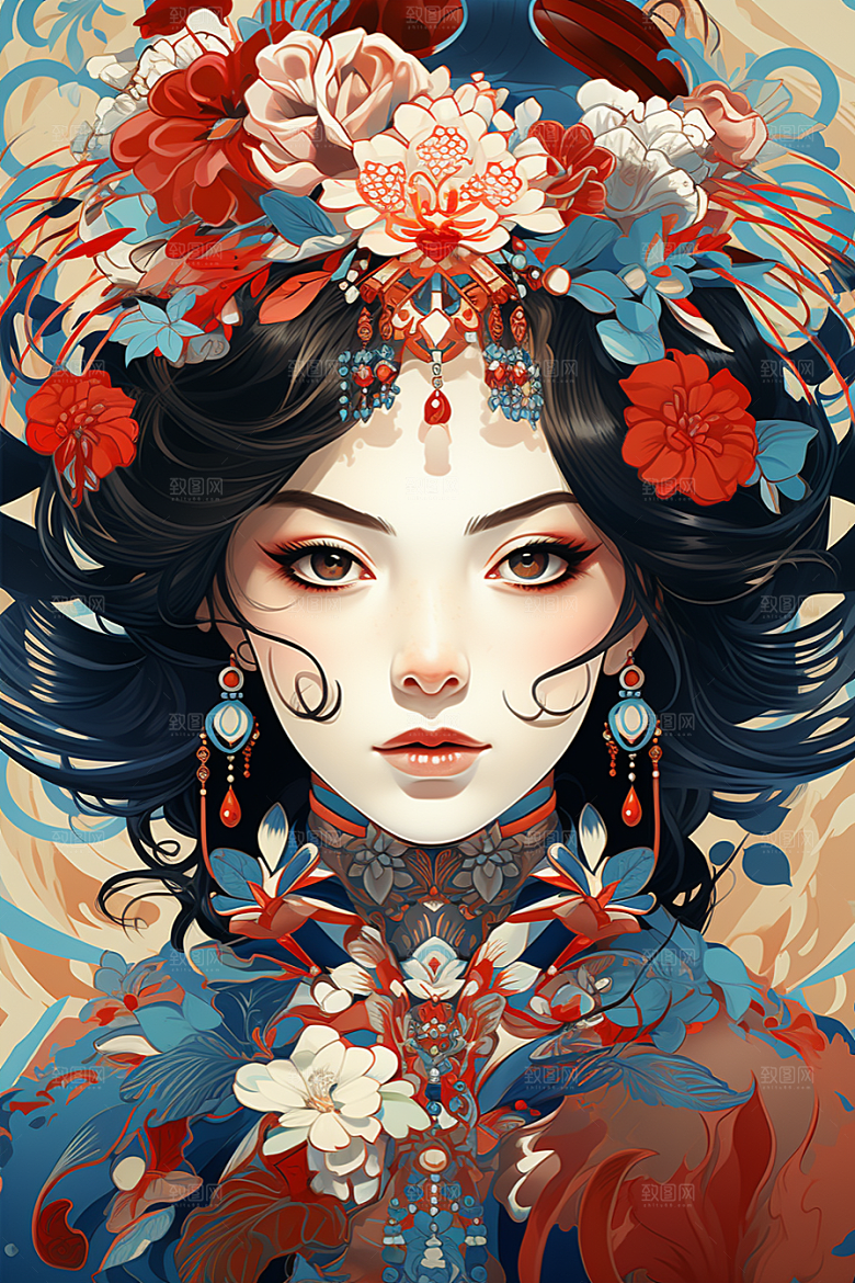 京剧女孩中国风传统风格插画