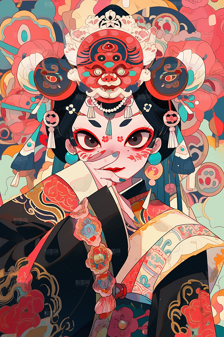 京剧女孩中式传统风格插画