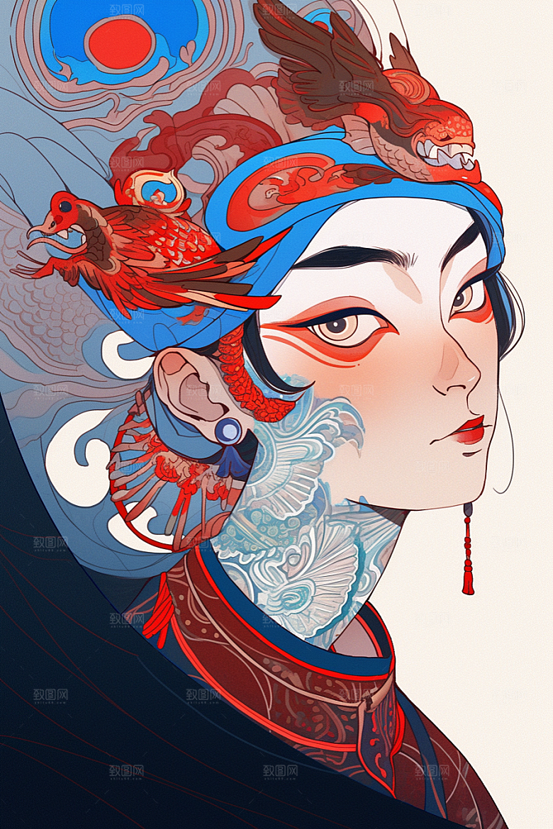 京剧女孩国潮手绘插画