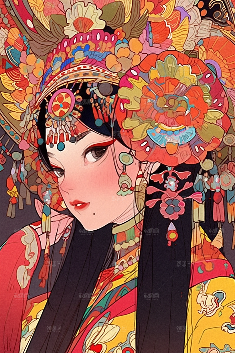 京剧女孩扮相传统风格插画