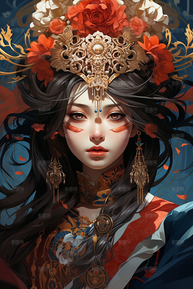 京剧女孩扮相中国风插画