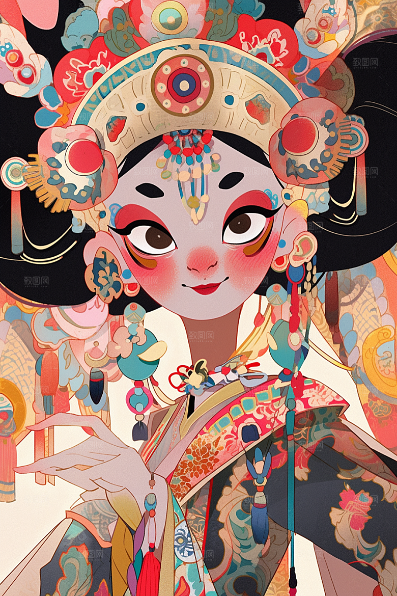 京剧女孩国潮传统风格插画