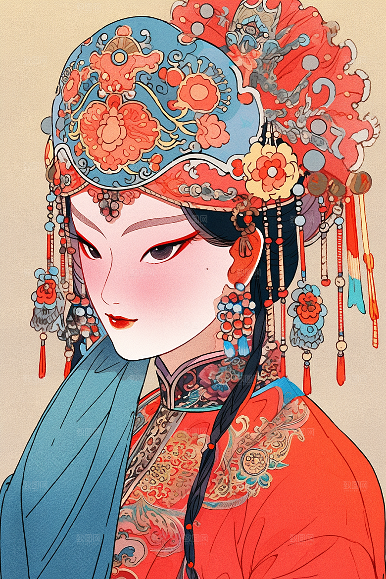 京剧女孩手绘扮相插画