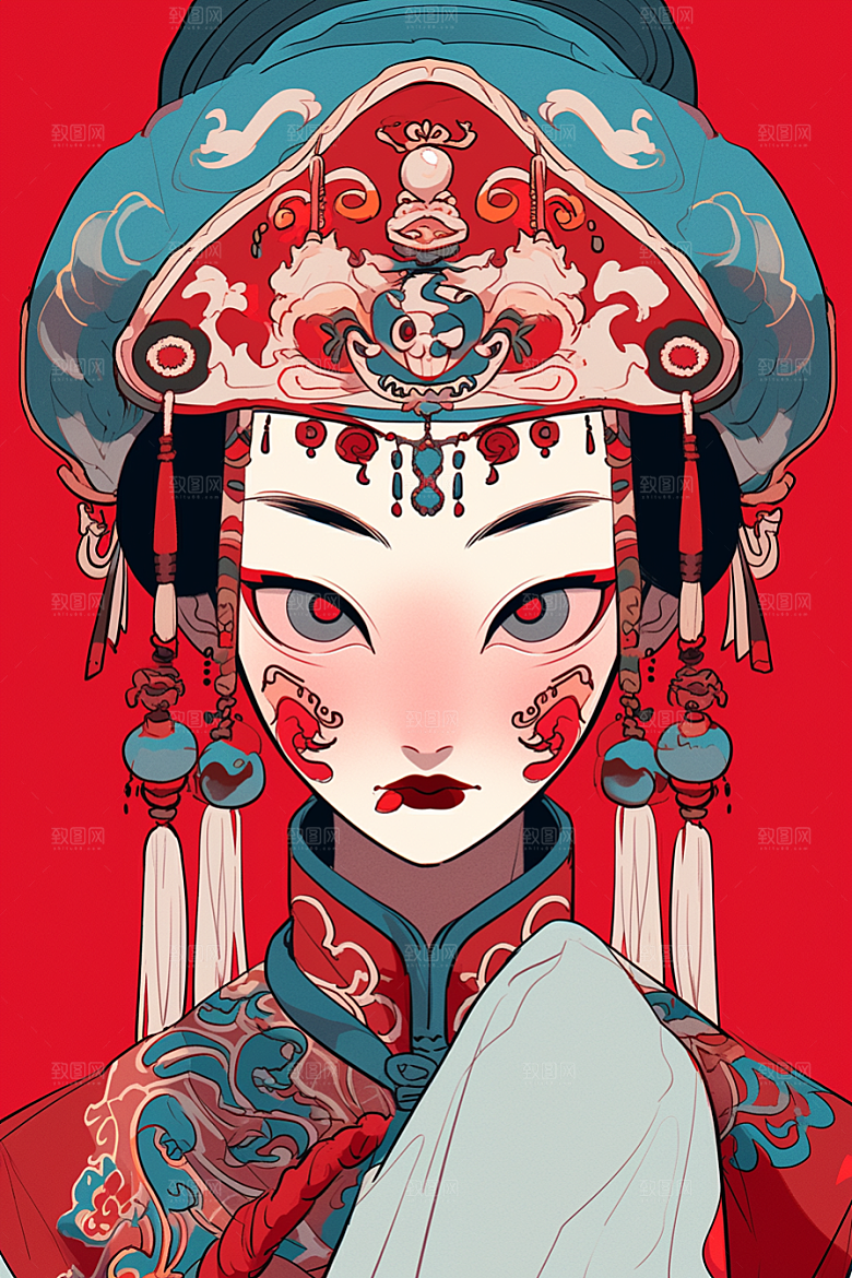 京剧女孩扮相戏曲插画