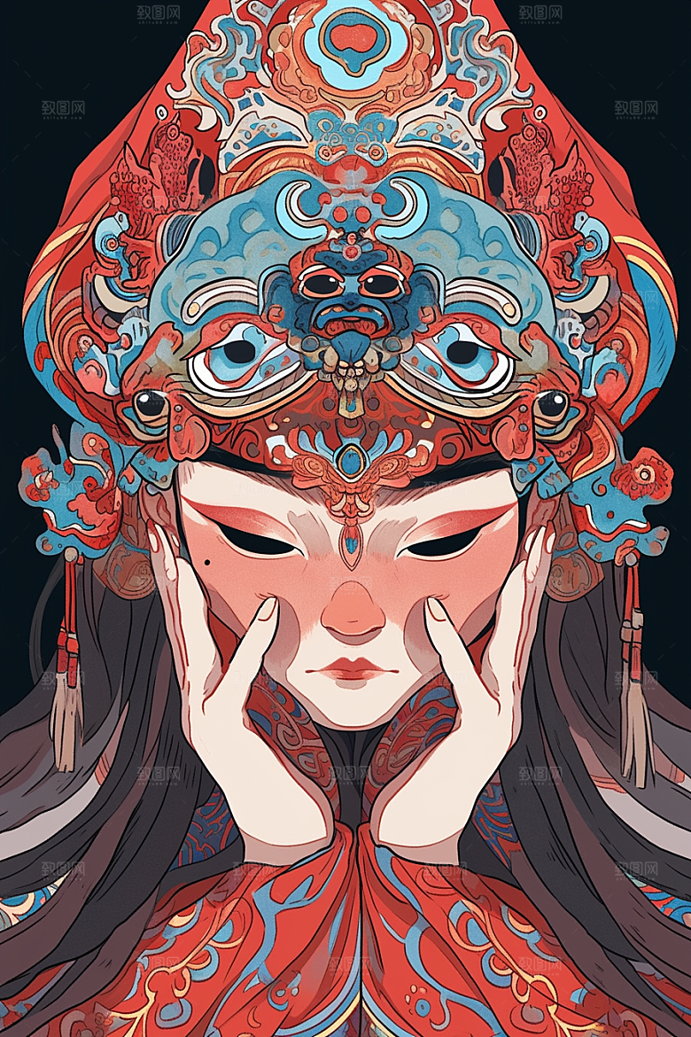 京剧女孩戏剧中式插画