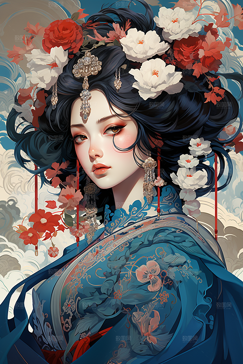 京剧女孩扮相戏剧插画