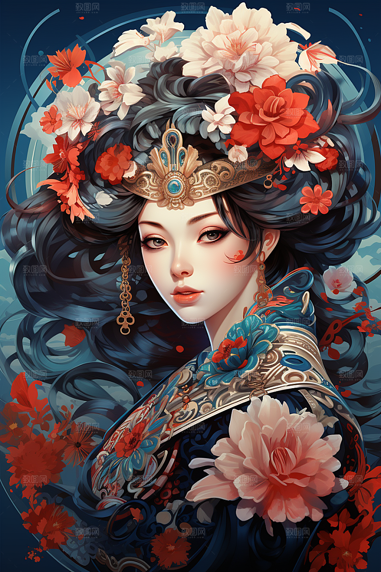 京剧女孩扮相中国风插画