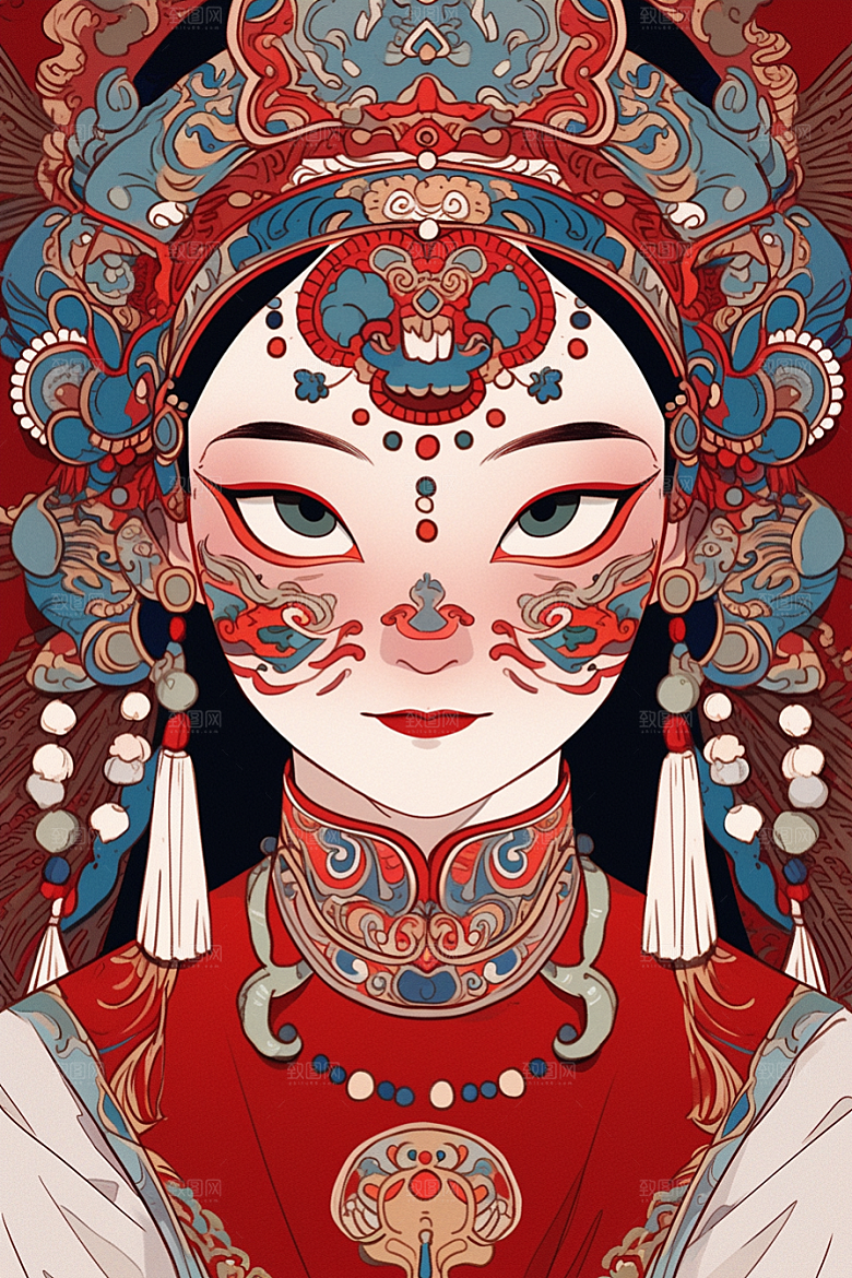 京剧女孩扮相传统风格插画