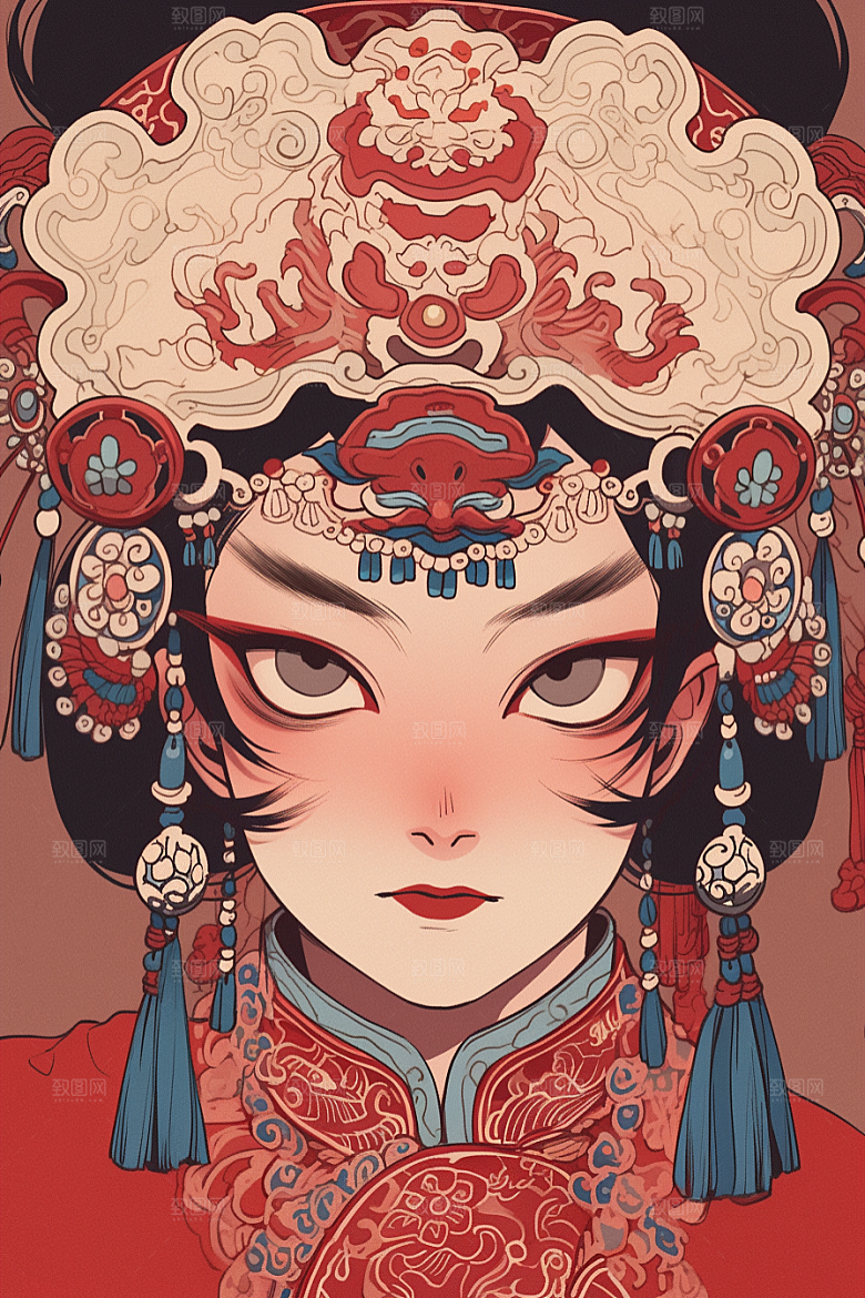 京剧女孩扮相中国风插画