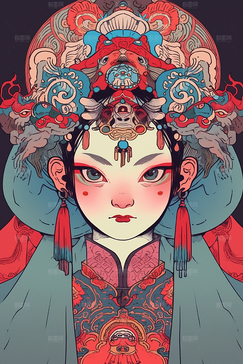 京剧女孩扮相传统风格插画