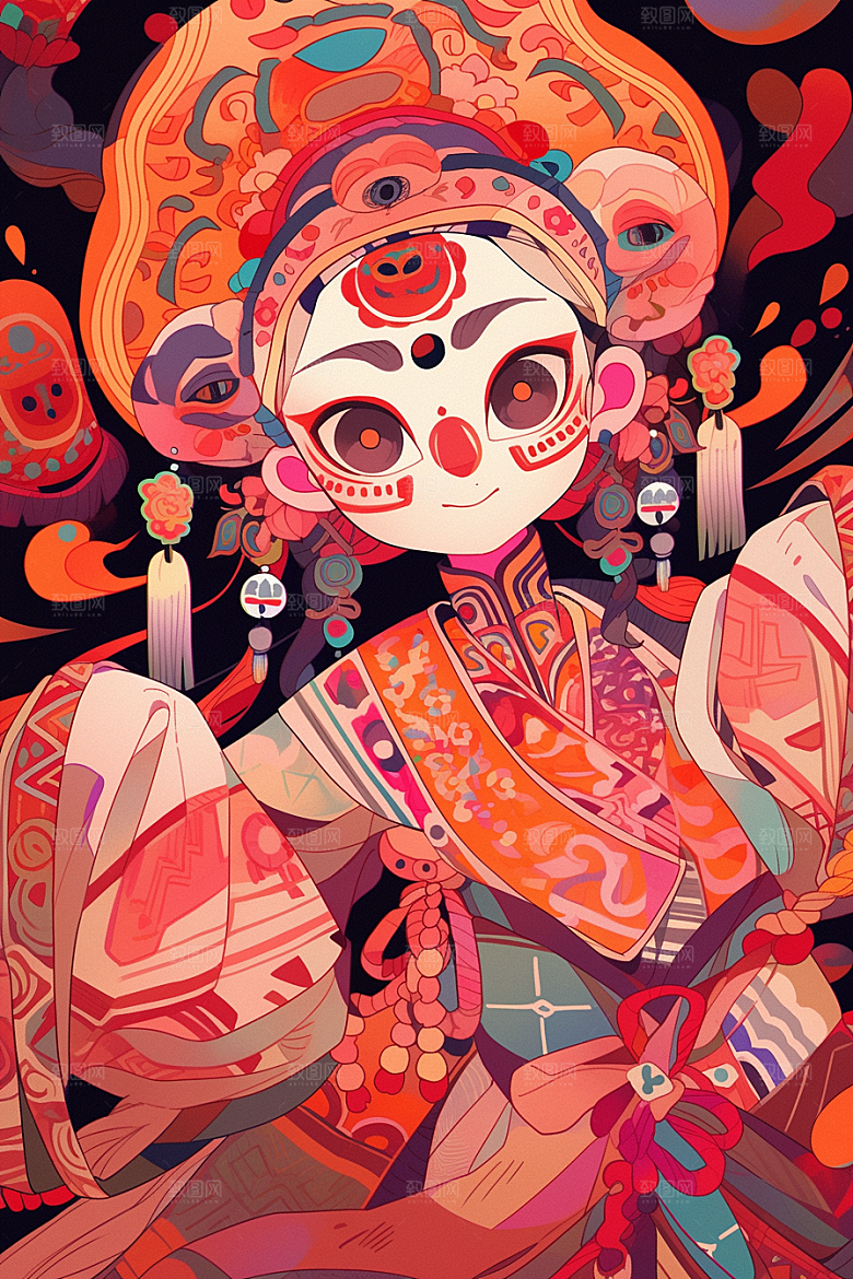 京剧女孩扮相中国风插画