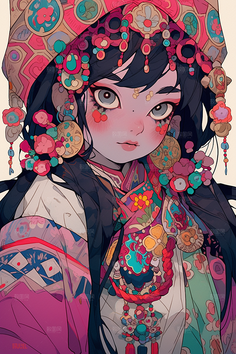 京剧女孩中国风传统风格插画