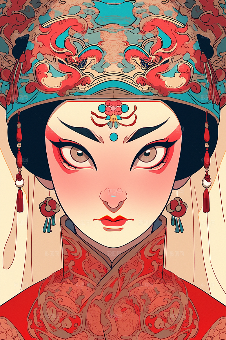 京剧女孩扮相戏剧插画