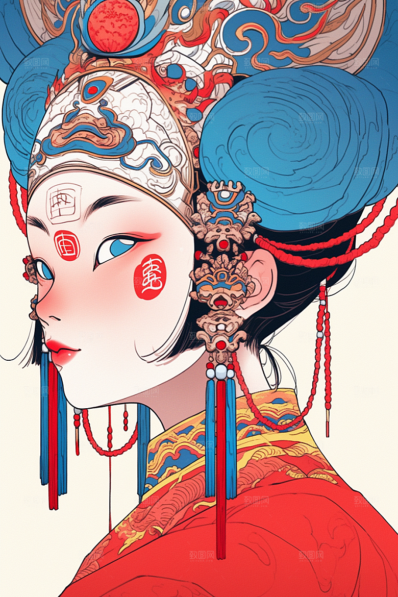 京剧女孩手绘传统风格插画